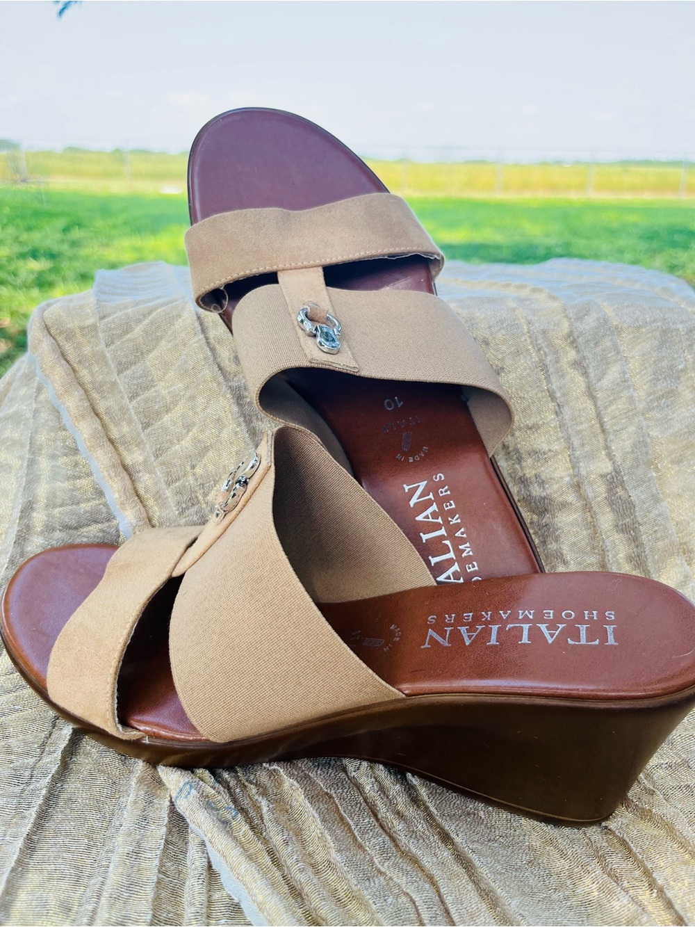 Italian Shoemakers Beige/Tan Wedge Slide Sandals with Silver Accent